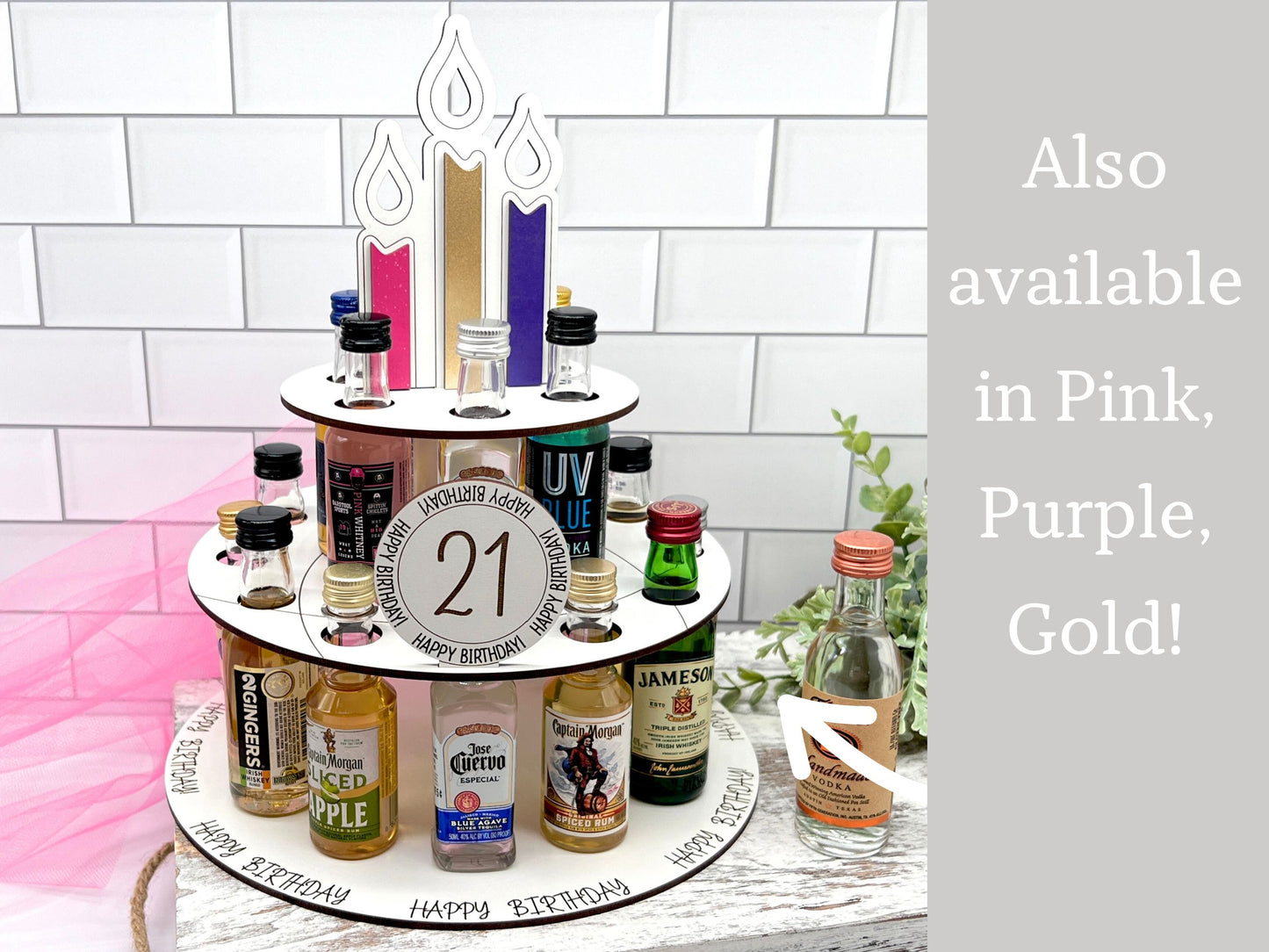 21st Birthday Gift Alcohol Shot Cake for Mini Liquor Bottles - Mighty Fine Laser Design