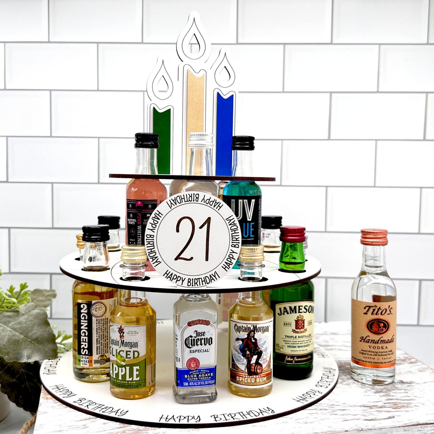 21st Birthday Gift Alcohol Shot Cake for Mini Liquor Bottles - Mighty Fine Laser Design