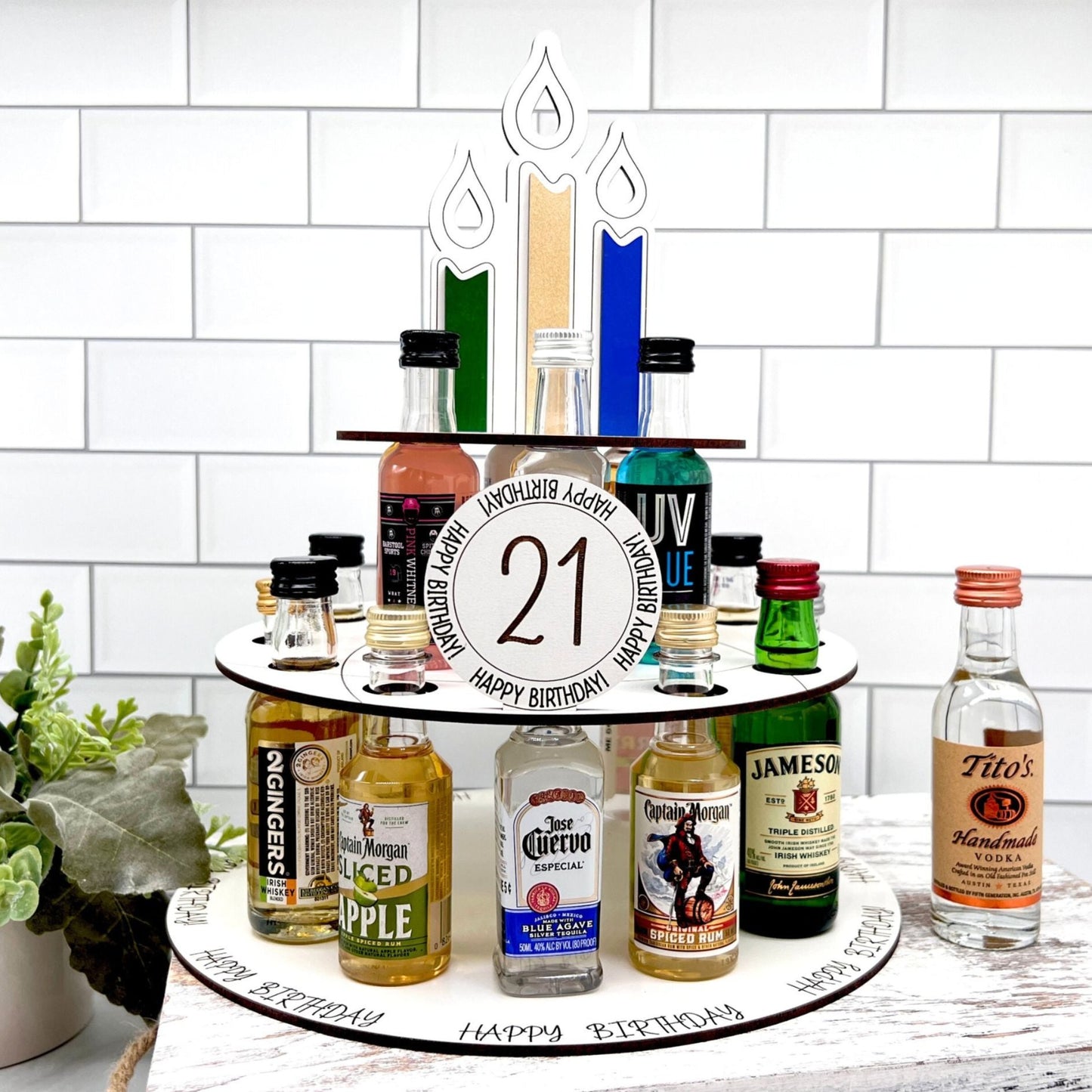 21st Birthday Gift Alcohol Shot Cake for Mini Liquor Bottles - Mighty Fine Laser Design