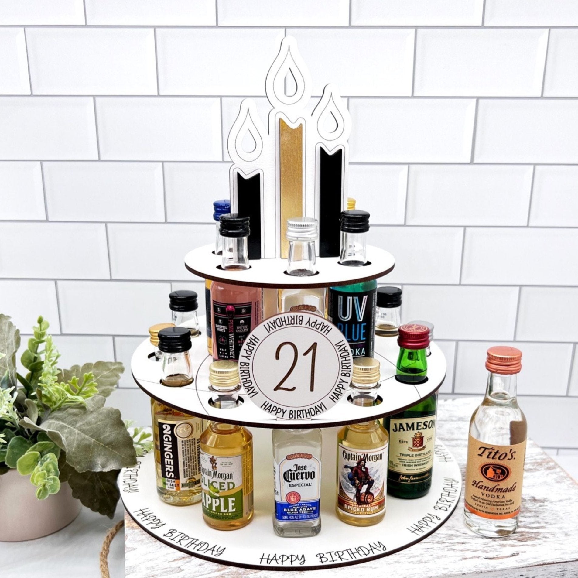 21st Birthday Gift Alcohol Shot Cake for Mini Liquor Bottles - Mighty Fine Laser Design