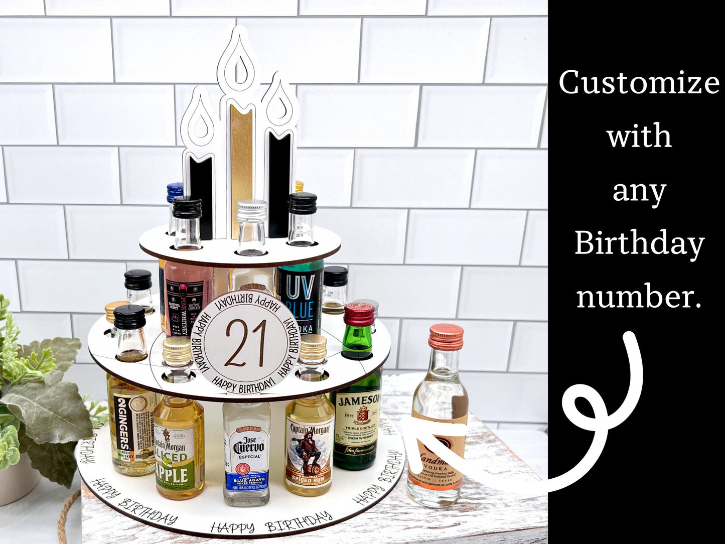 21st Birthday Gift Alcohol Shot Cake for Mini Liquor Bottles - Mighty Fine Laser Design