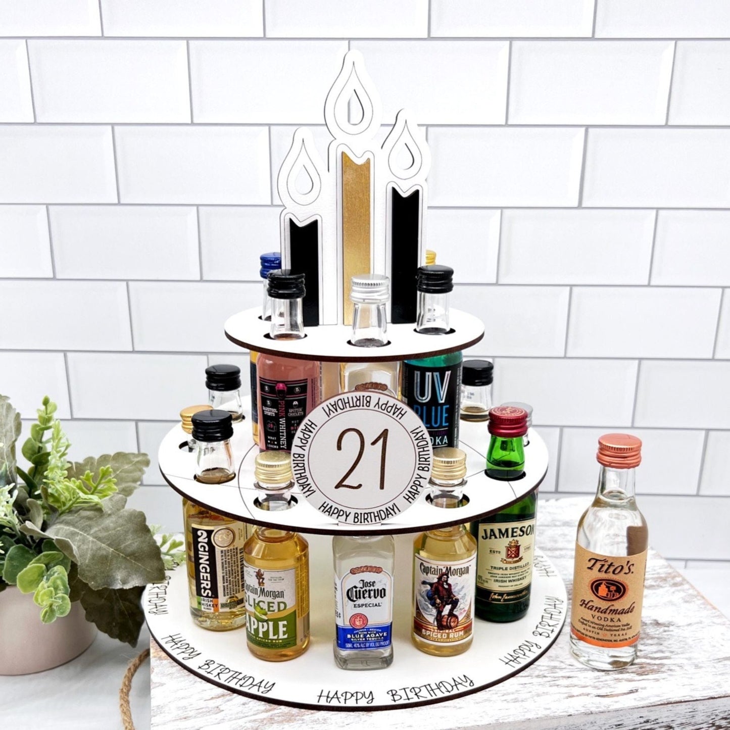 21st Birthday Gift Alcohol Shot Cake for Mini Liquor Bottles - Mighty Fine Laser Design