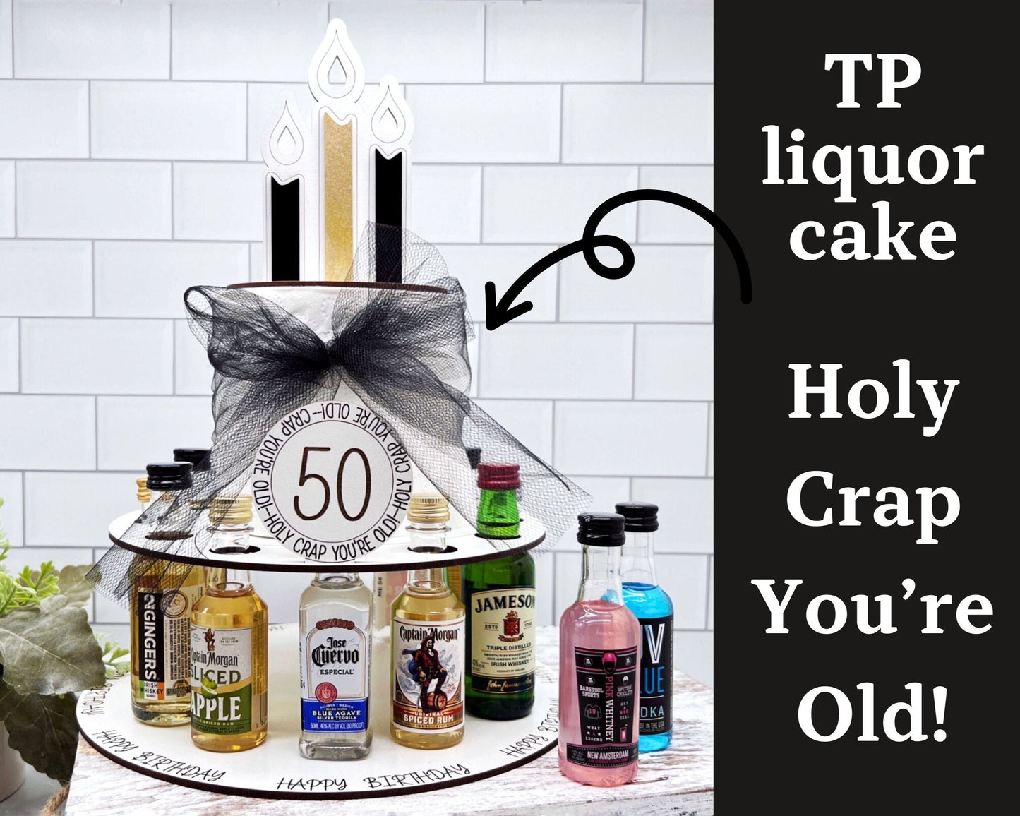 50th Birthday Shot Cake for Mini Liquor Bottles - Mighty Fine Laser Design
