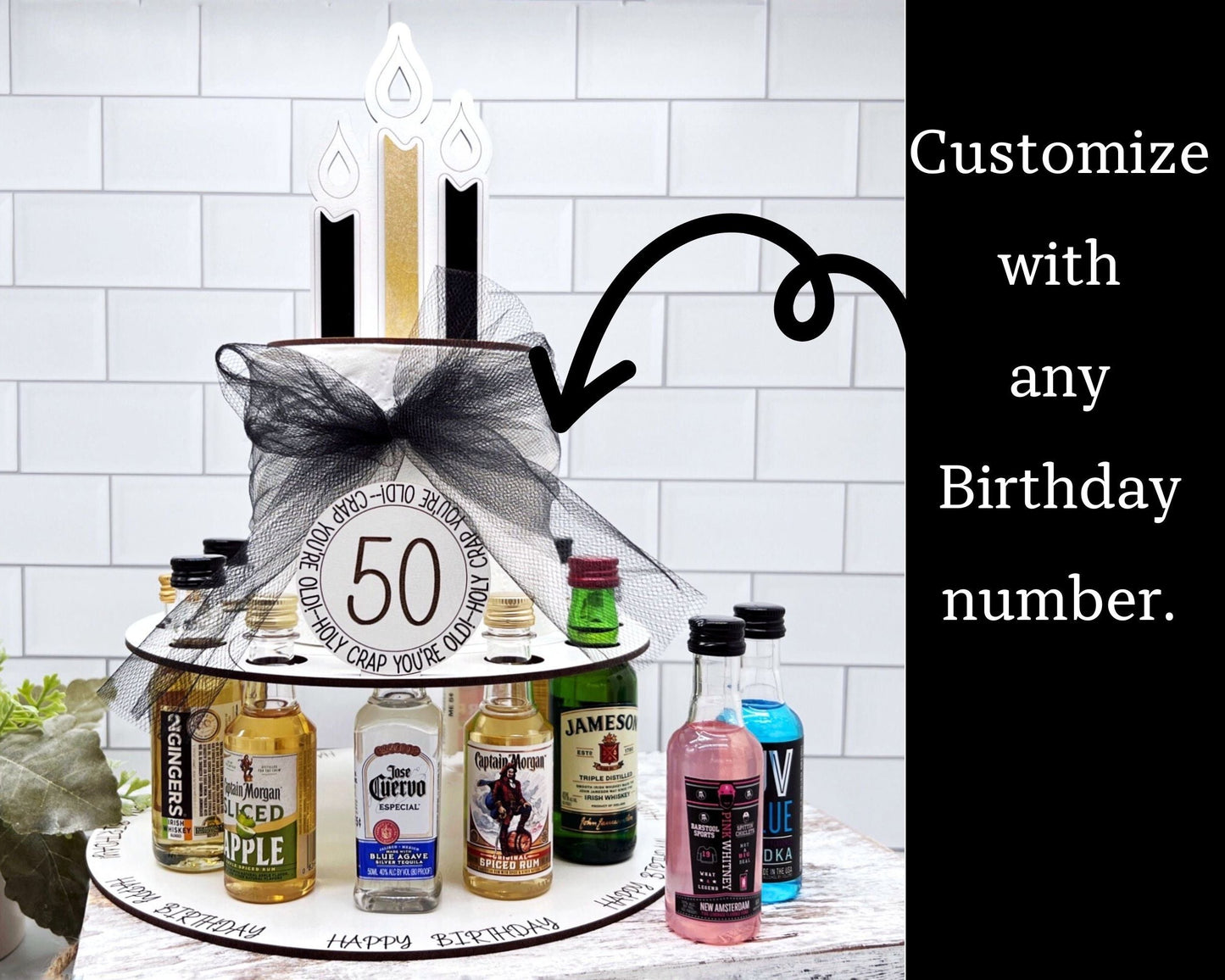 50th Birthday Shot Cake for Mini Liquor Bottles - Mighty Fine Laser Design