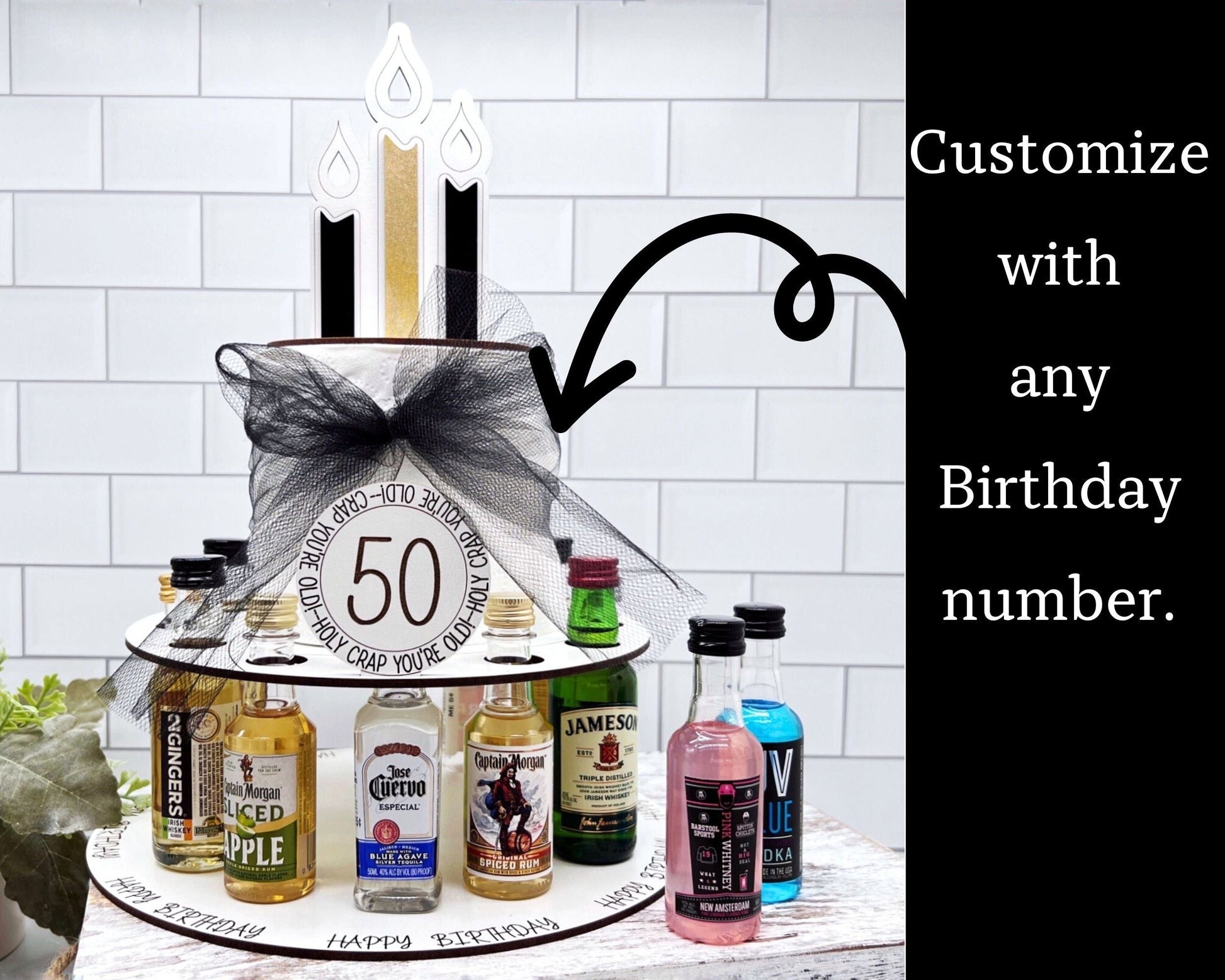 50th Birthday Shot Cake for Mini Liquor Bottles - Mighty Fine Laser Design