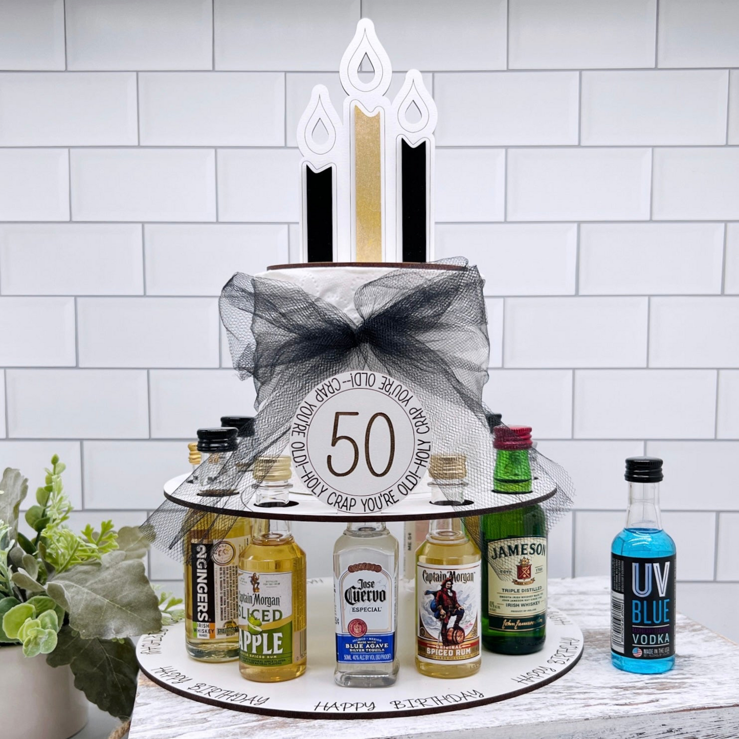 50th Birthday Shot Cake for Mini Liquor Bottles - Mighty Fine Laser Design