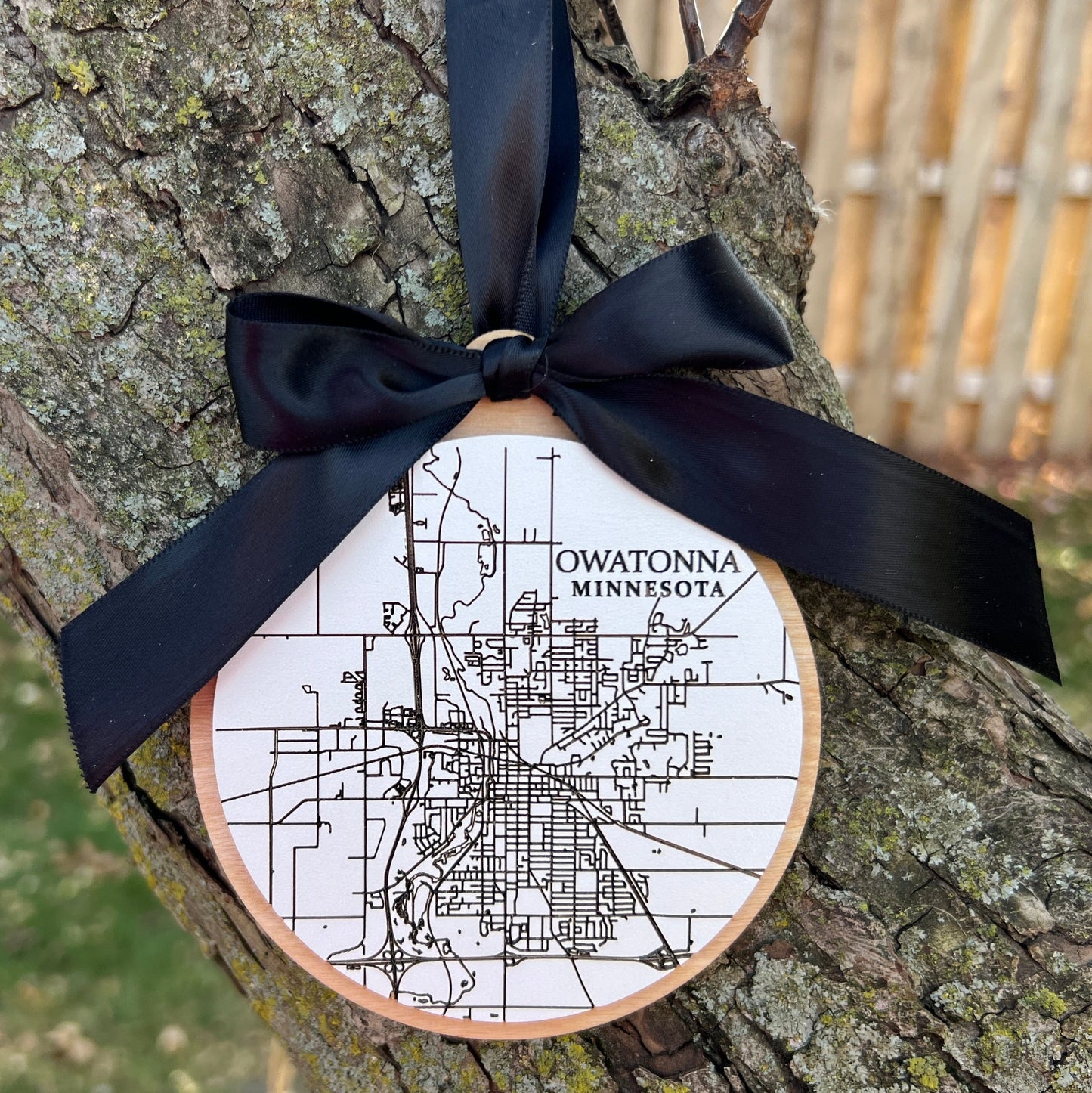 Owatonna, MN Wood Christmas Ornament - Unique City Map Design