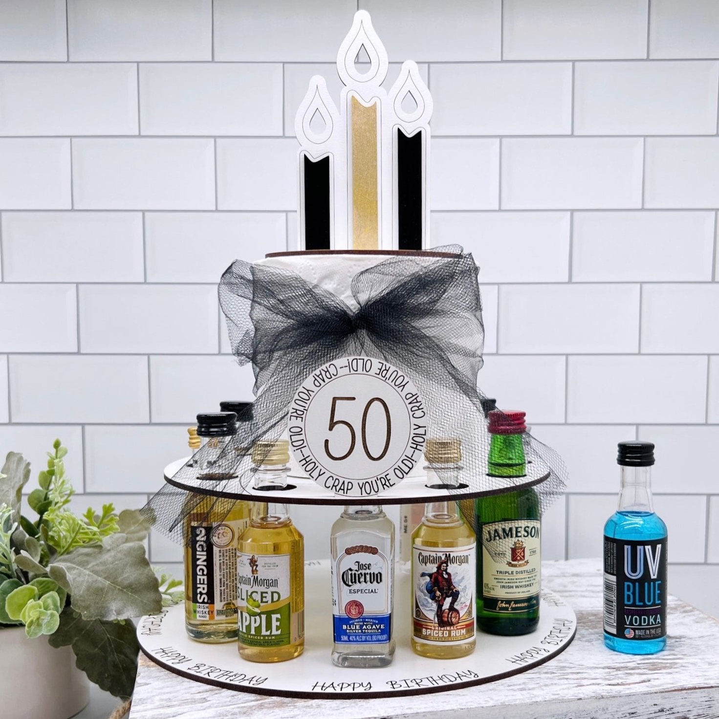 50th Birthday Shot Cake for Mini Liquor Bottles - Mighty Fine Laser Design