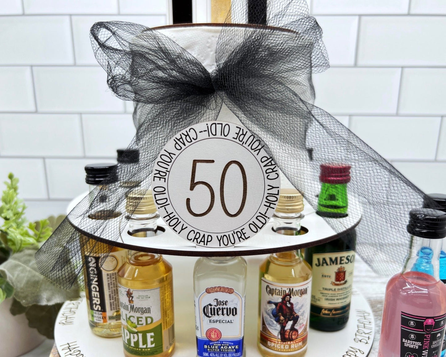 50th Birthday Shot Cake for Mini Liquor Bottles - Mighty Fine Laser Design