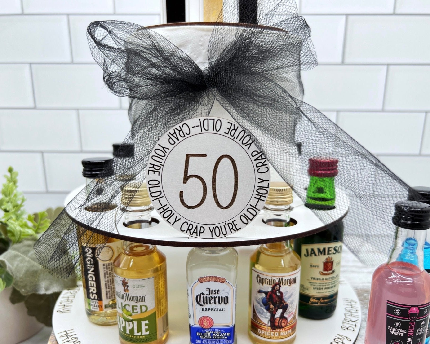 50th Birthday Shot Cake for Mini Liquor Bottles - Mighty Fine Laser Design