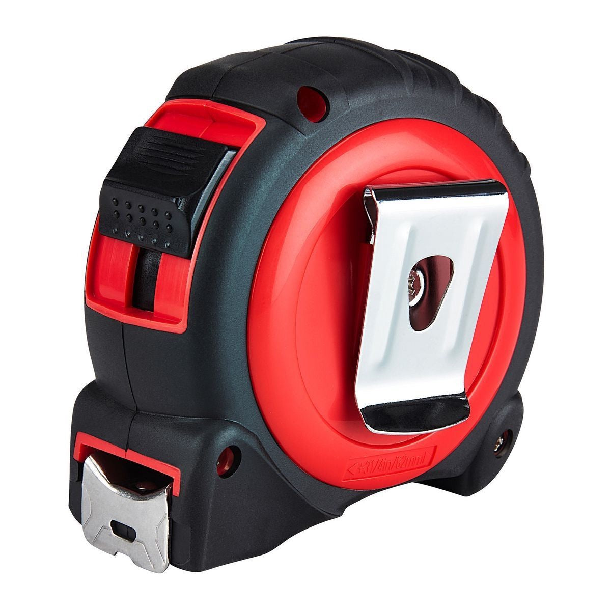 Heavy-duty tape measure showing back side with belt clip.