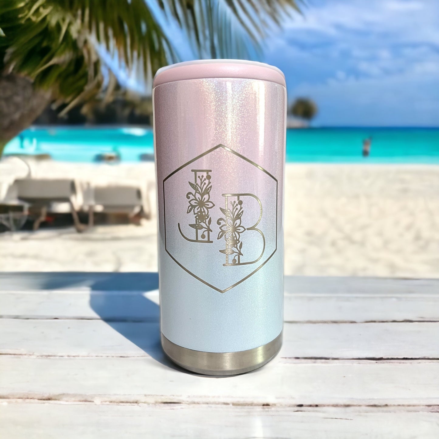 Floral Initials Skinny Can Cooler - Mighty Fine Laser Design