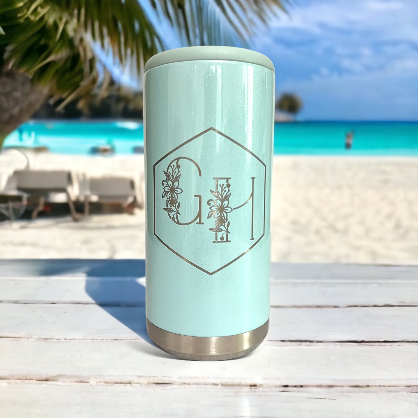 Floral Initials Skinny Can Cooler - Mighty Fine Laser Design