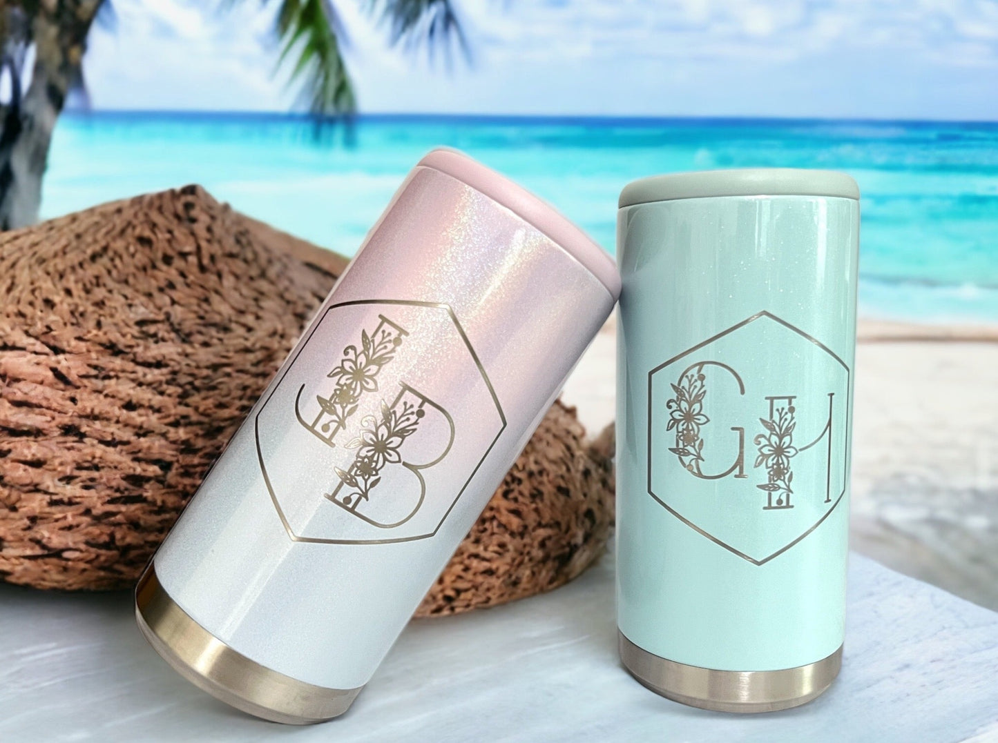 Floral Initials Skinny Can Cooler - Mighty Fine Laser Design