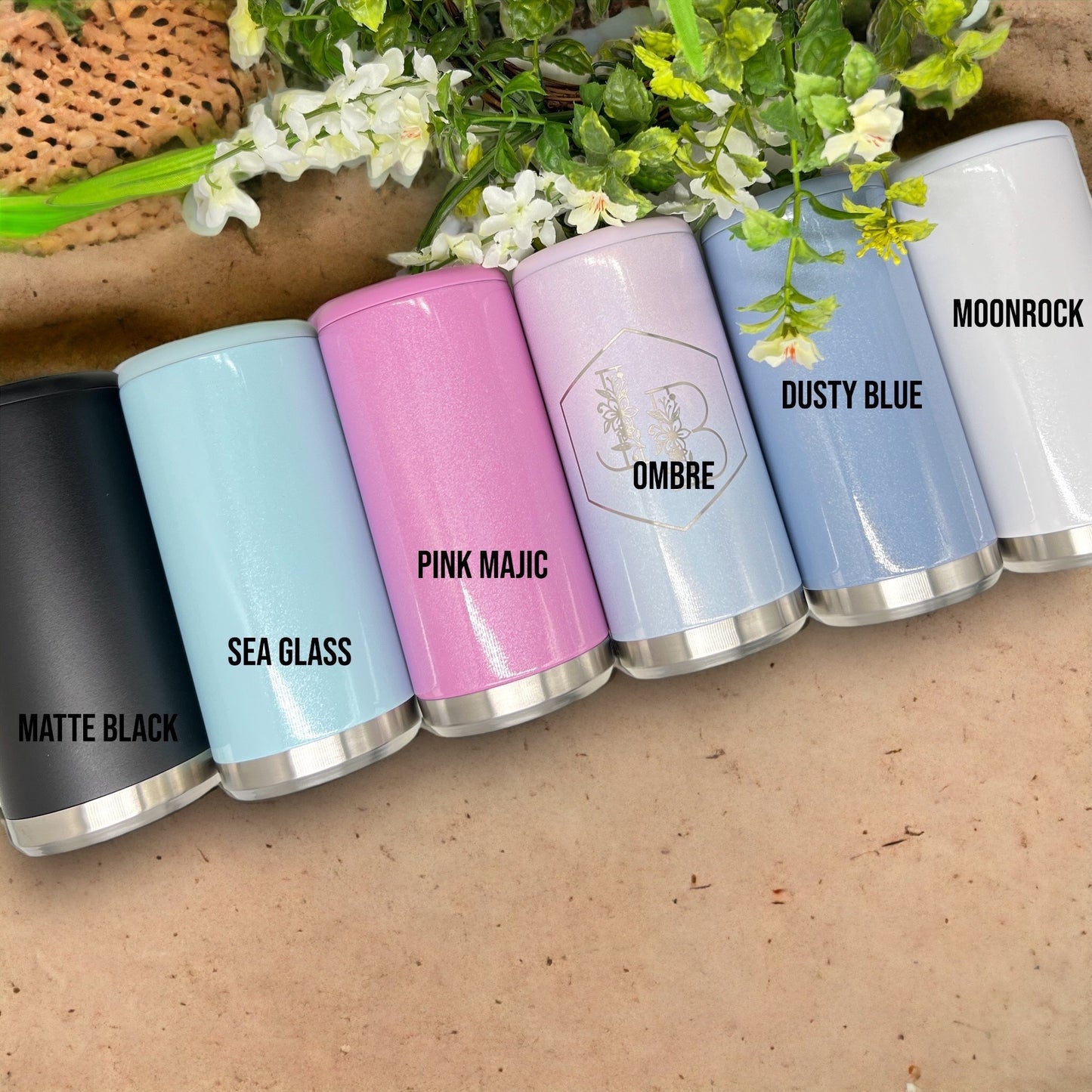 Floral Initials Skinny Can Cooler - Mighty Fine Laser Design