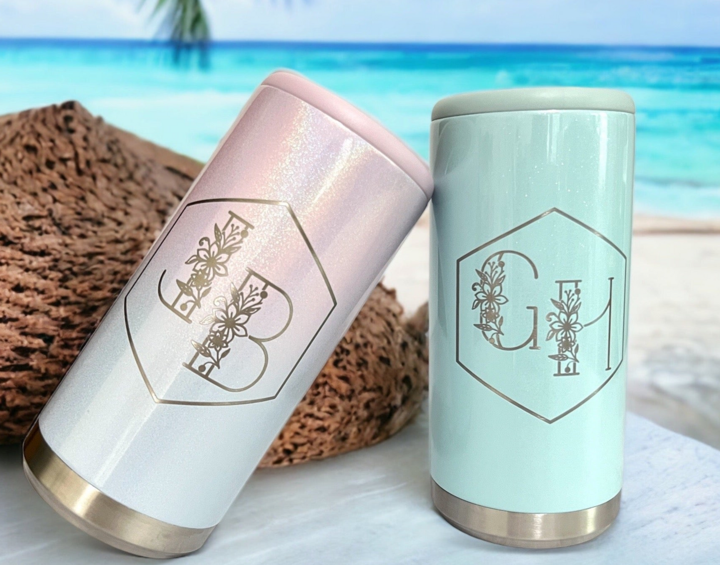 Floral Initials Skinny Can Cooler - Mighty Fine Laser Design