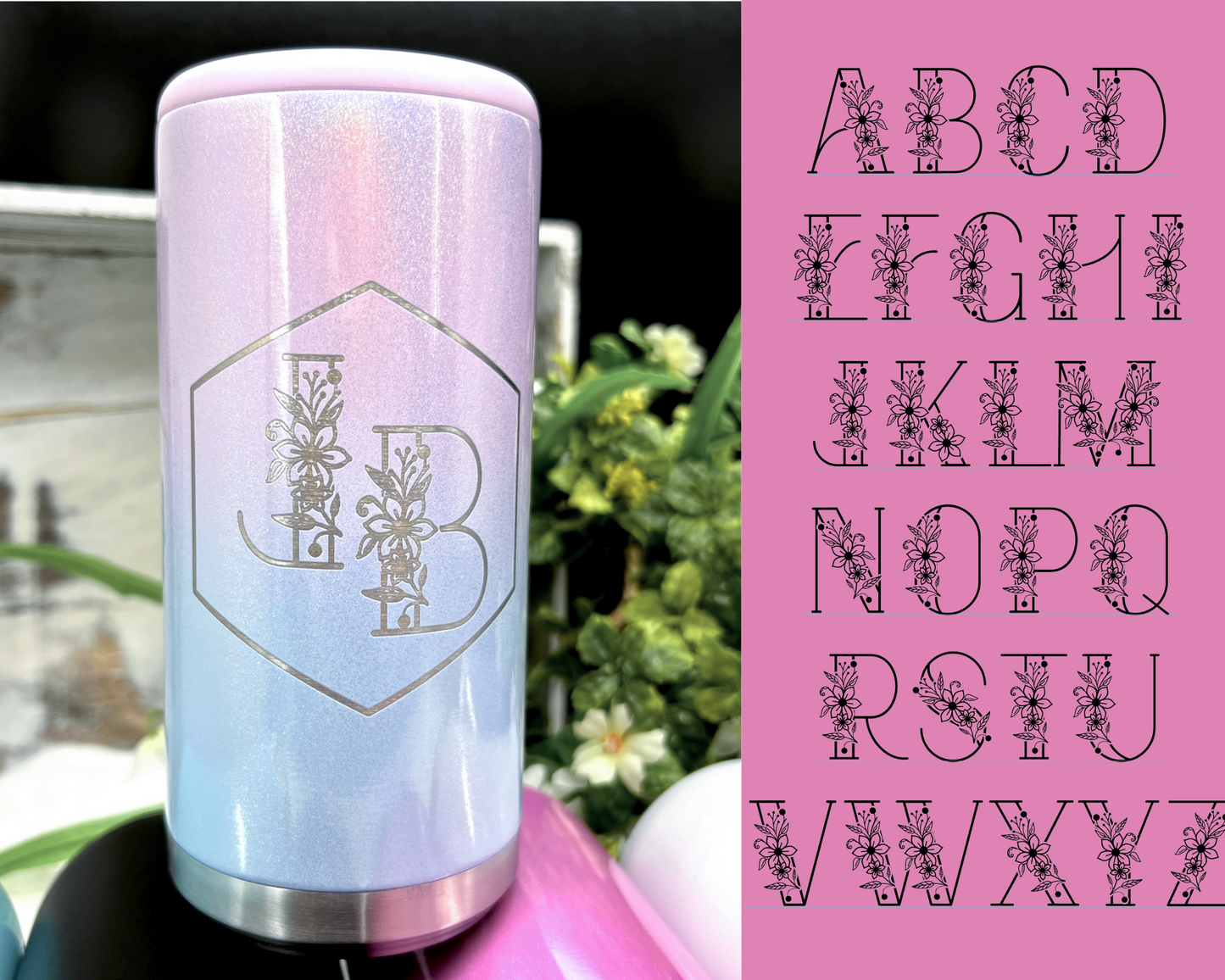 Floral Initials Skinny Can Cooler - Mighty Fine Laser Design