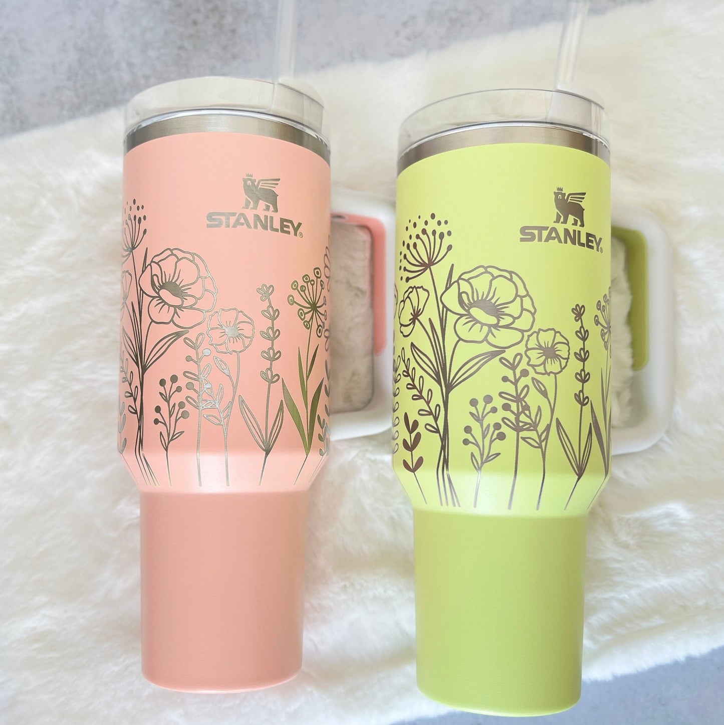 Floral Engraved Stanley 40oz Tumbler-Peach,Citron - Mighty Fine Laser Design
