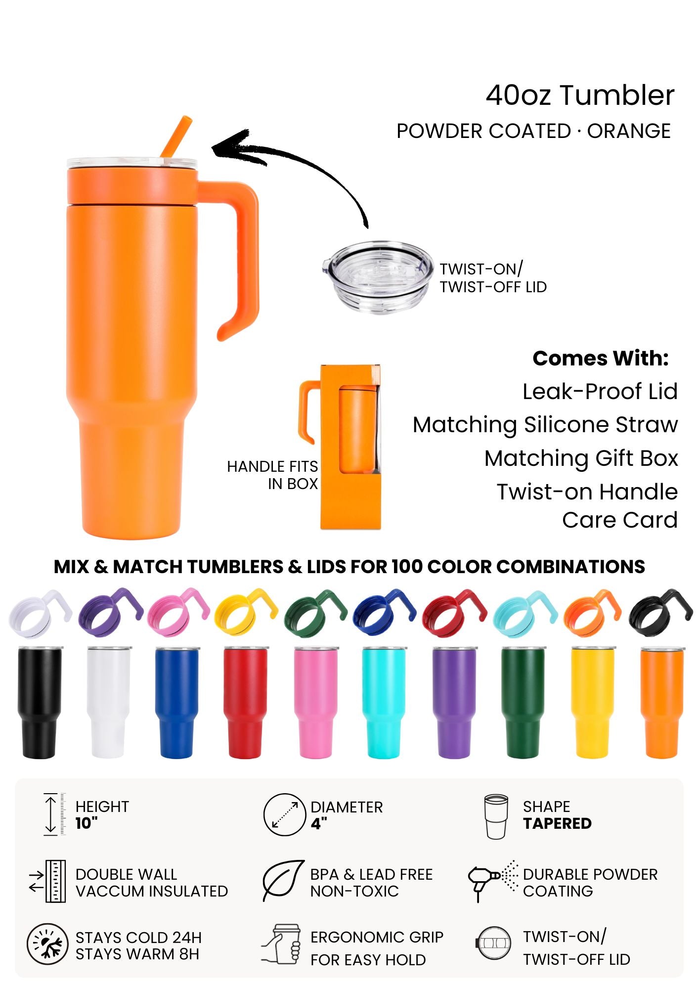 Orange tumbler with features and color options displayed on a white background