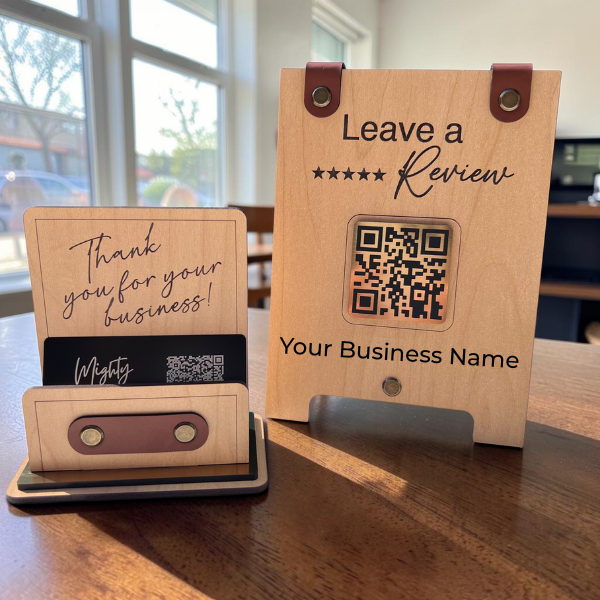 A tabletop QR code review display on a desk sitting next to a wood business card holder that says  'Thank you for your business!' 