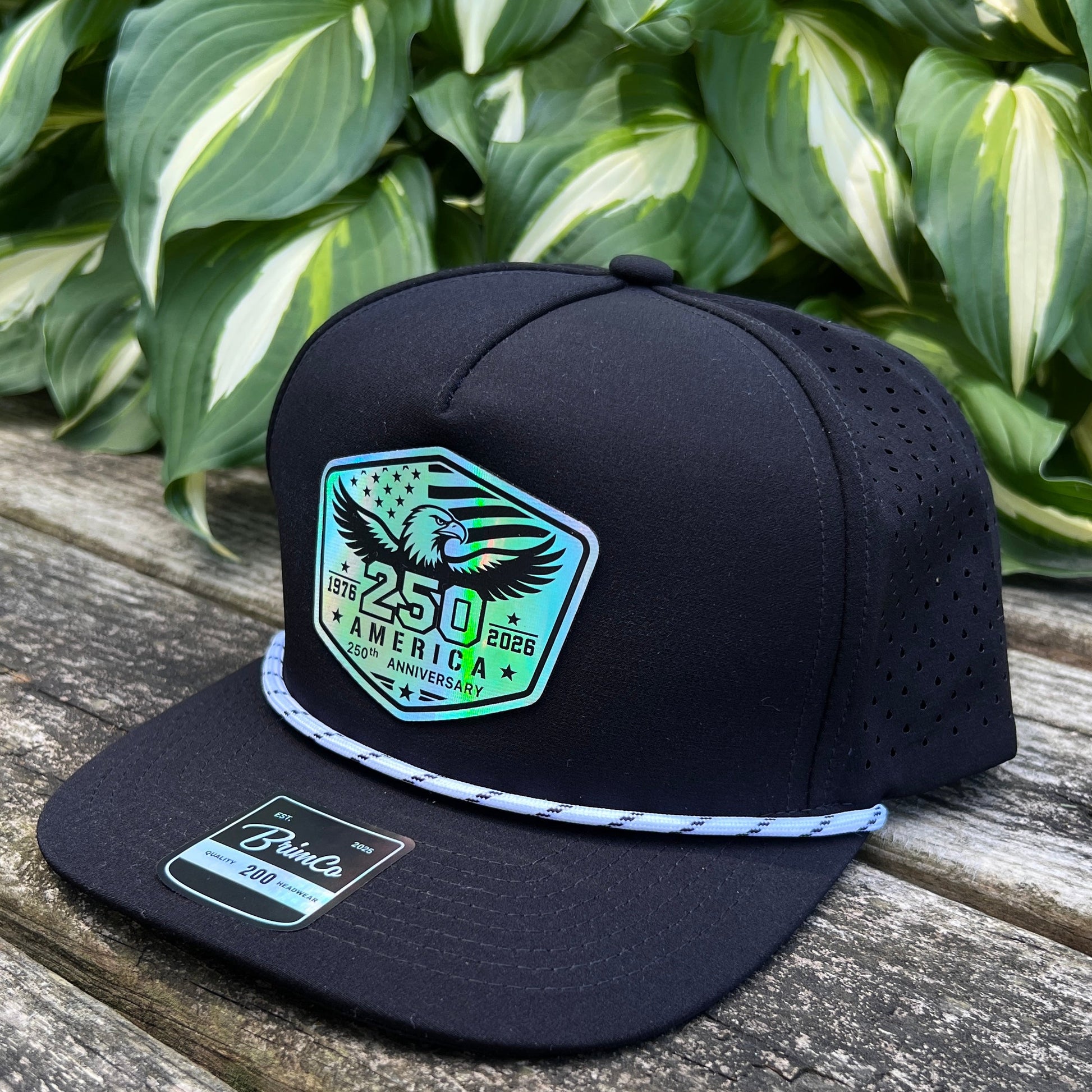Black cap with a holographic 250th Anniversary patch on a wooden surface with green leaves in the background