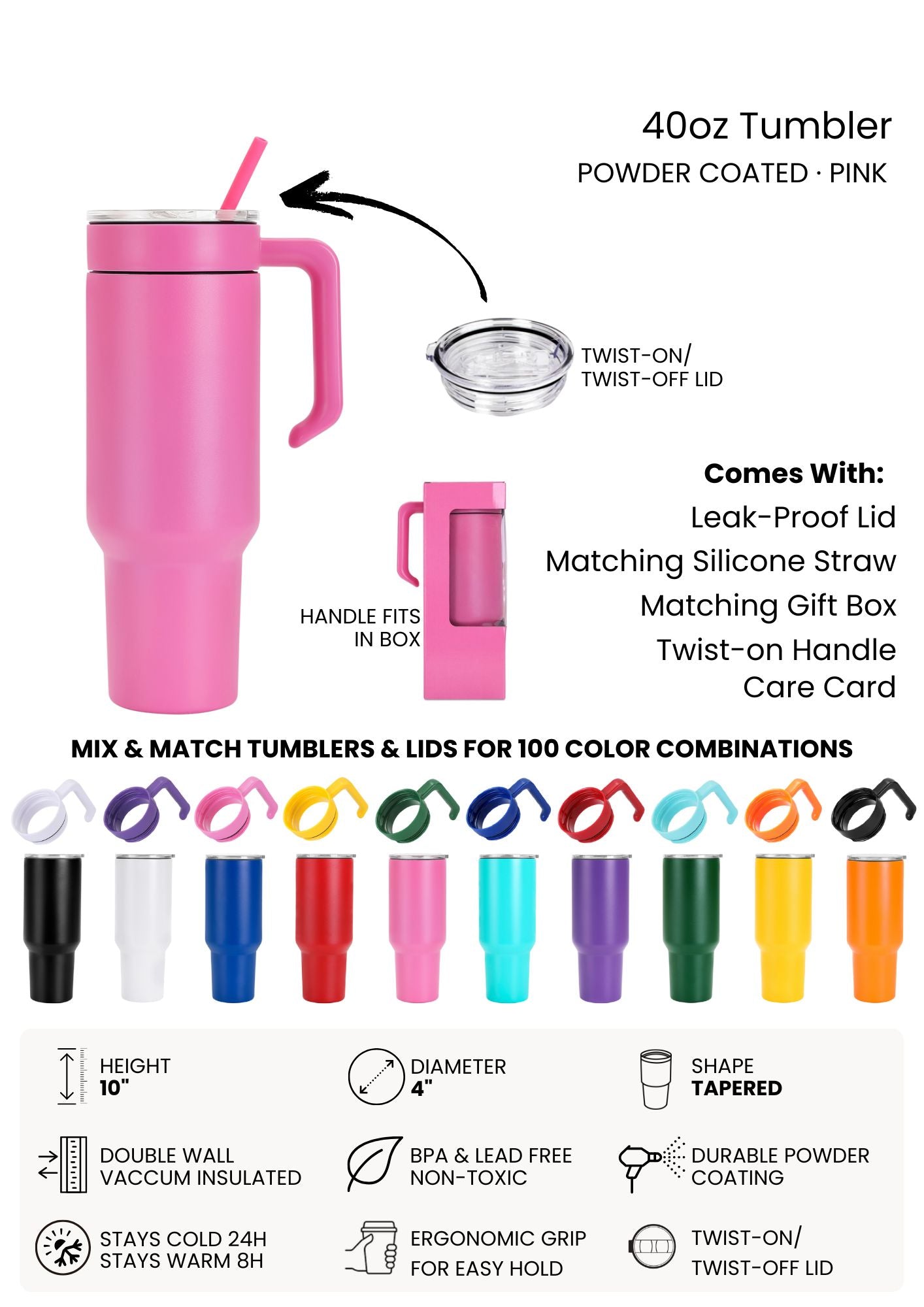 Pink tumbler with handle and straw, featuring product details and color options.