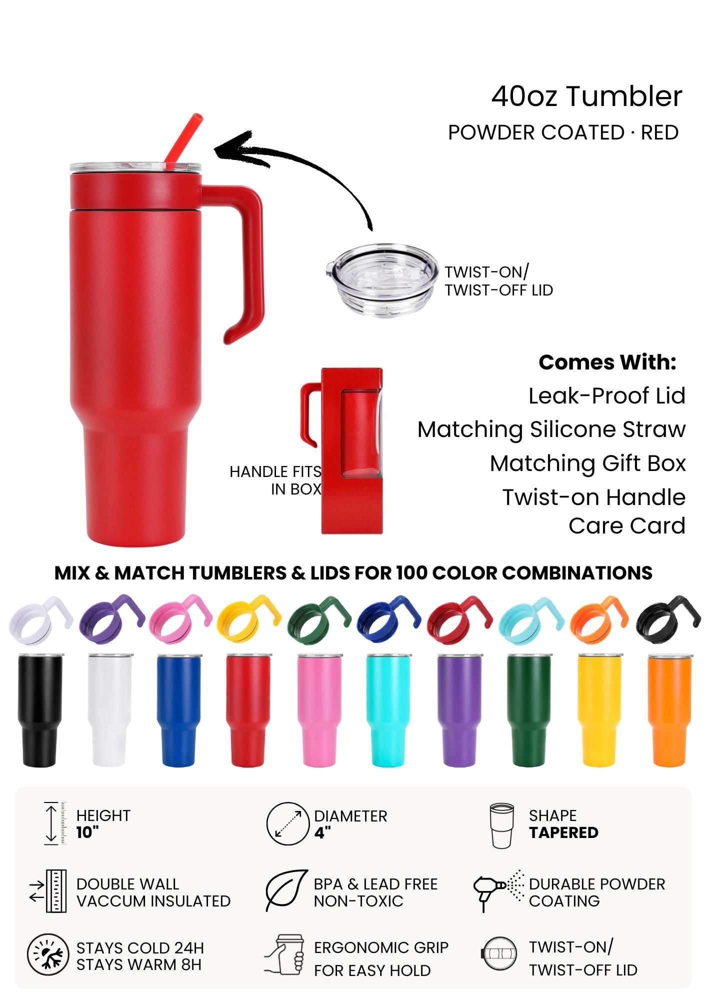 Red tumbler with features and color options displayed on a white background