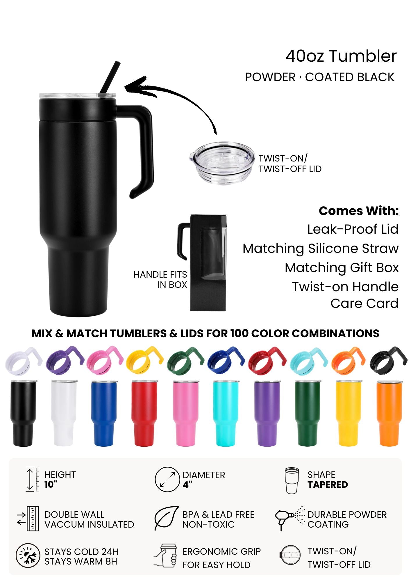 Black tumbler with features and color options displayed