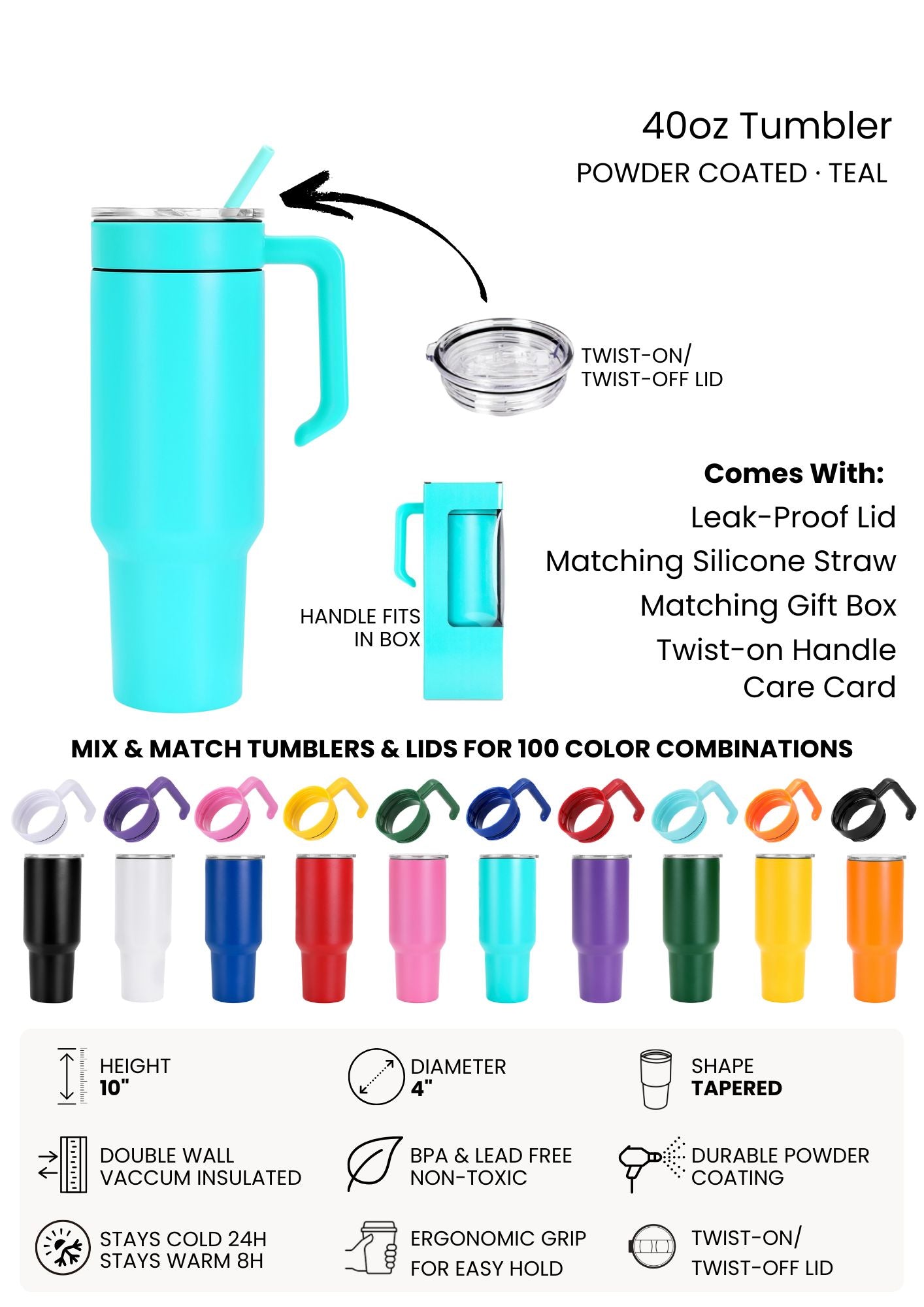 Teal tumbler with handle, lid, and straw, featuring product details and color options.
