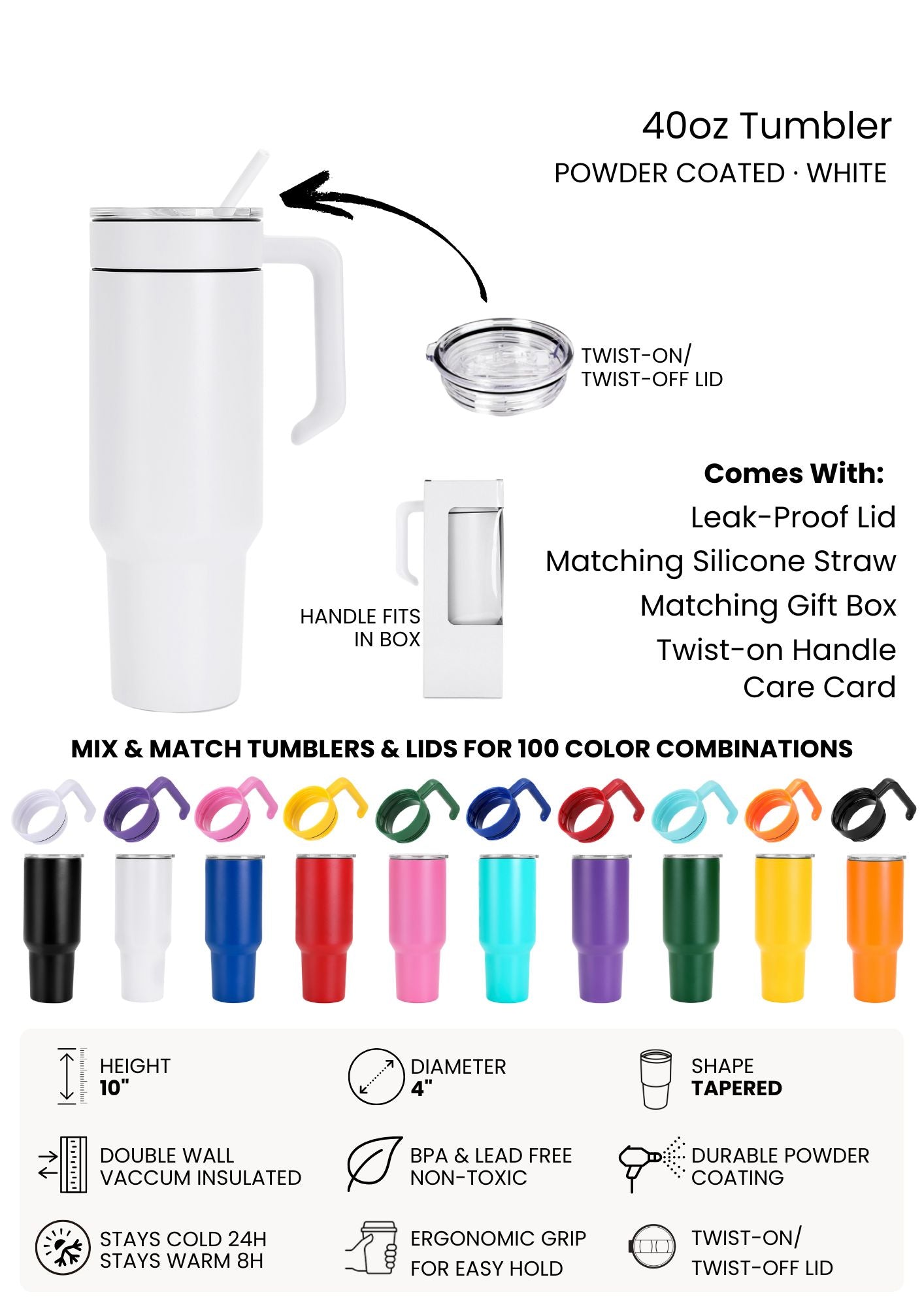 40oz tumbler with accessories and color options on a white background