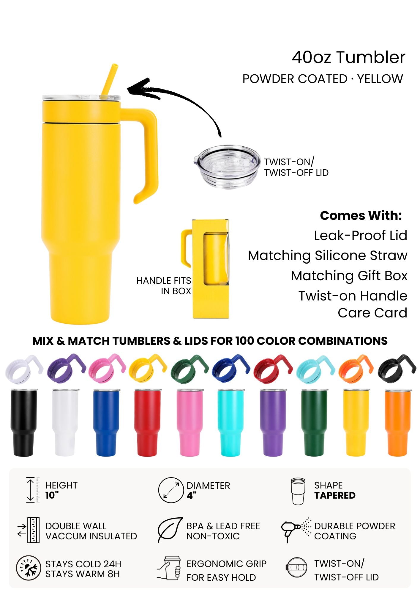 Yellow tumbler with features and color options displayed on a white background