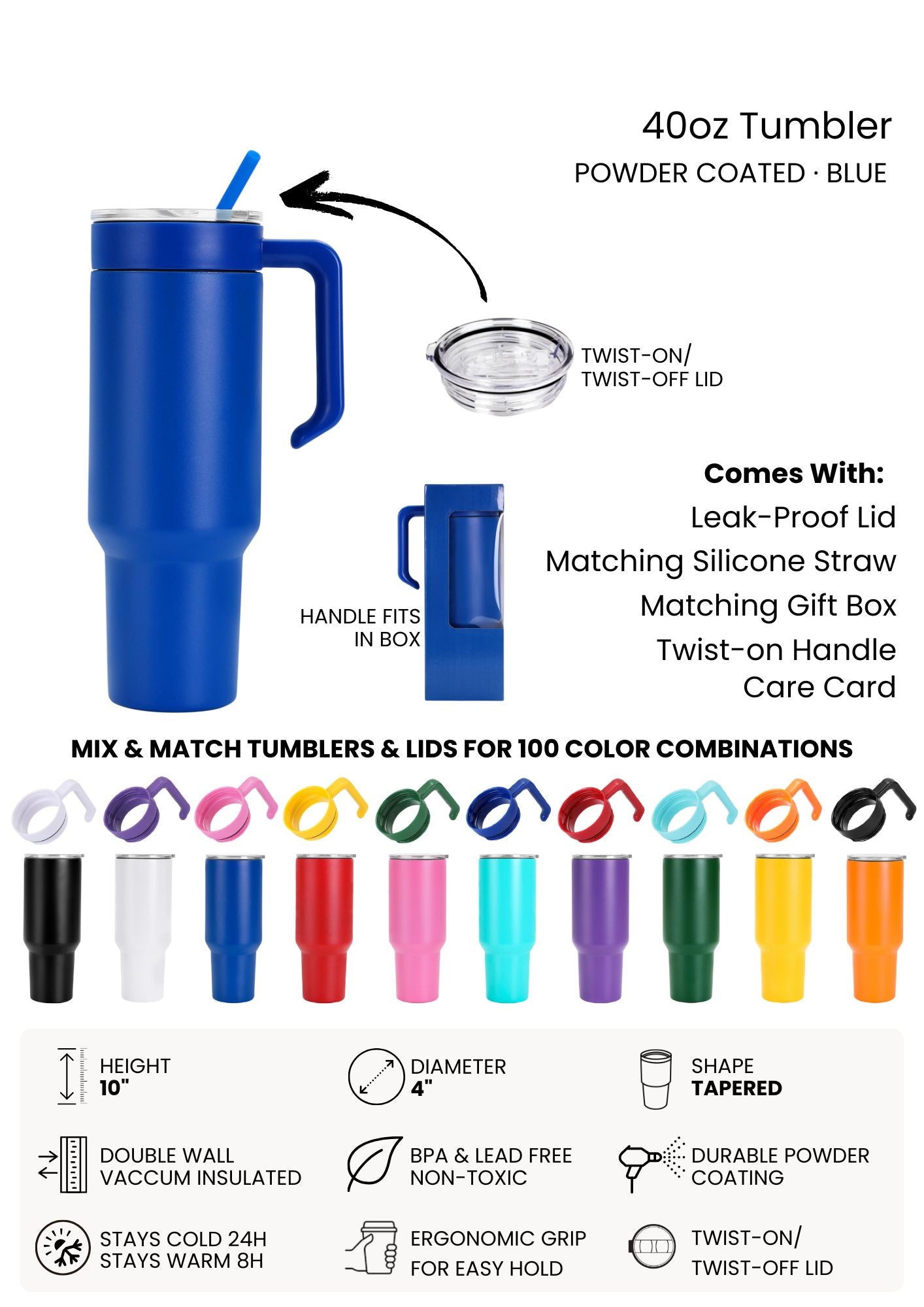 Blue tumbler with features and color options displayed
