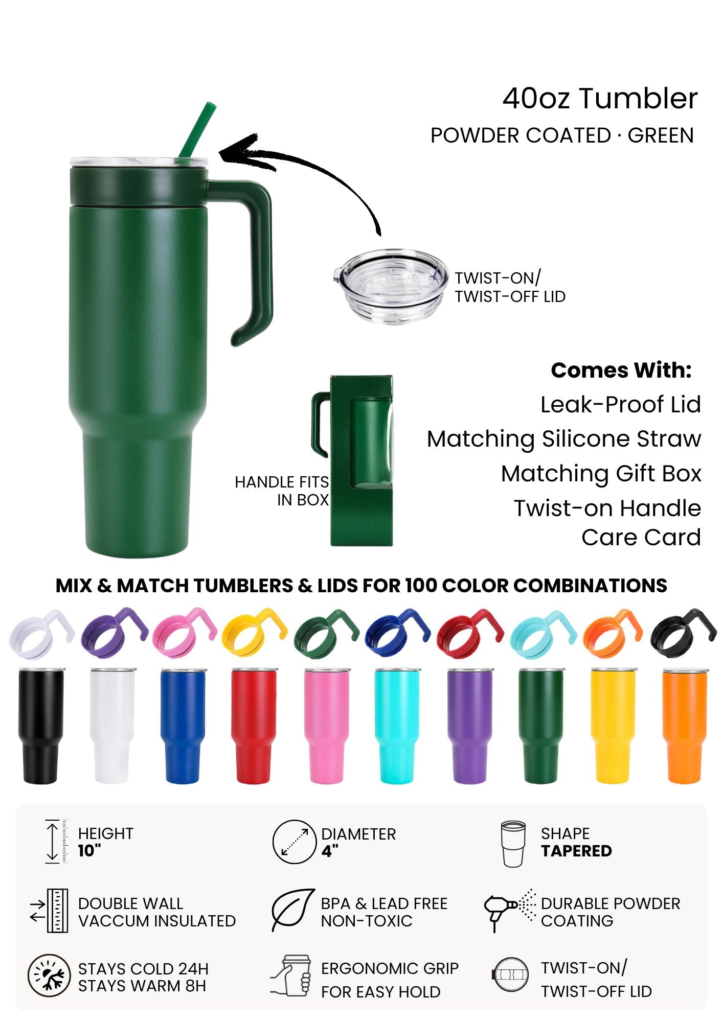 Green tumbler with features and color options displayed