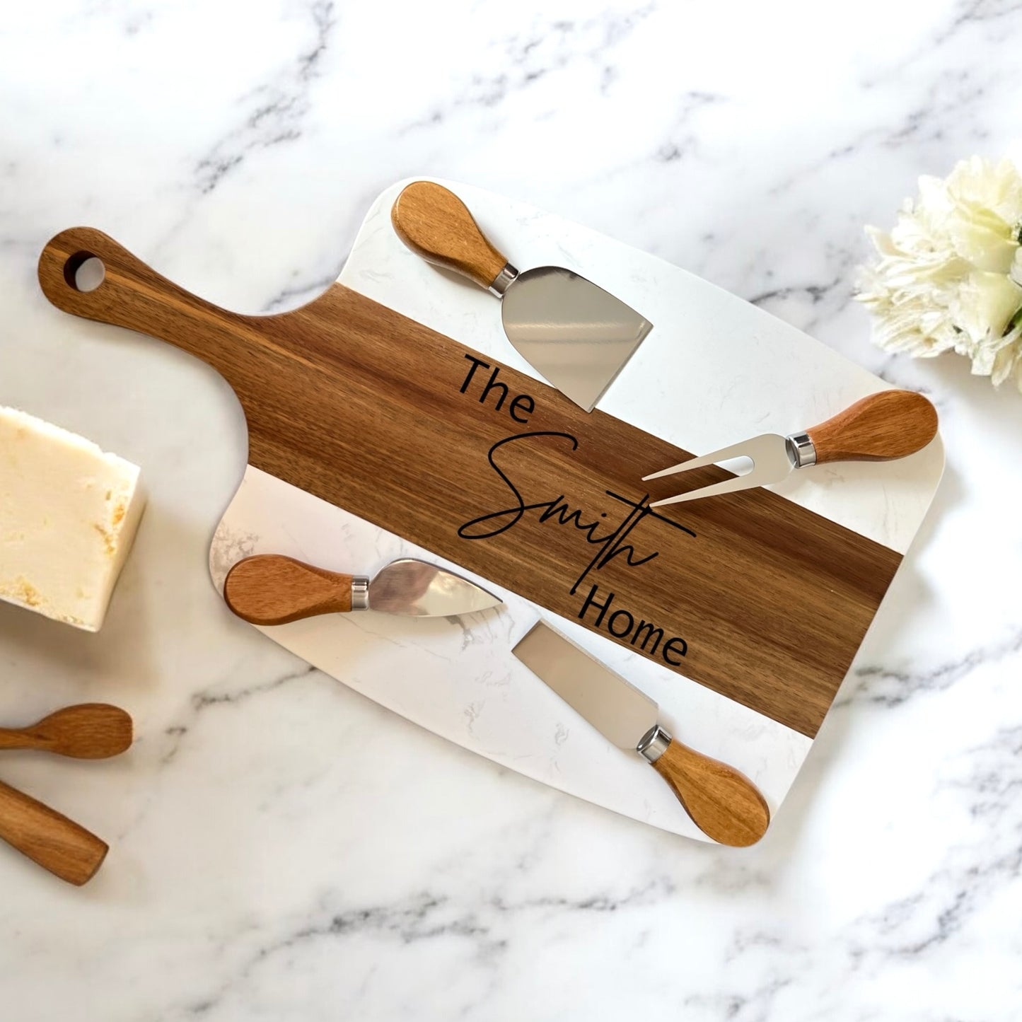 Personalized Acacia Wood & Marble Cheese Board Set - Realtor Closing Gift