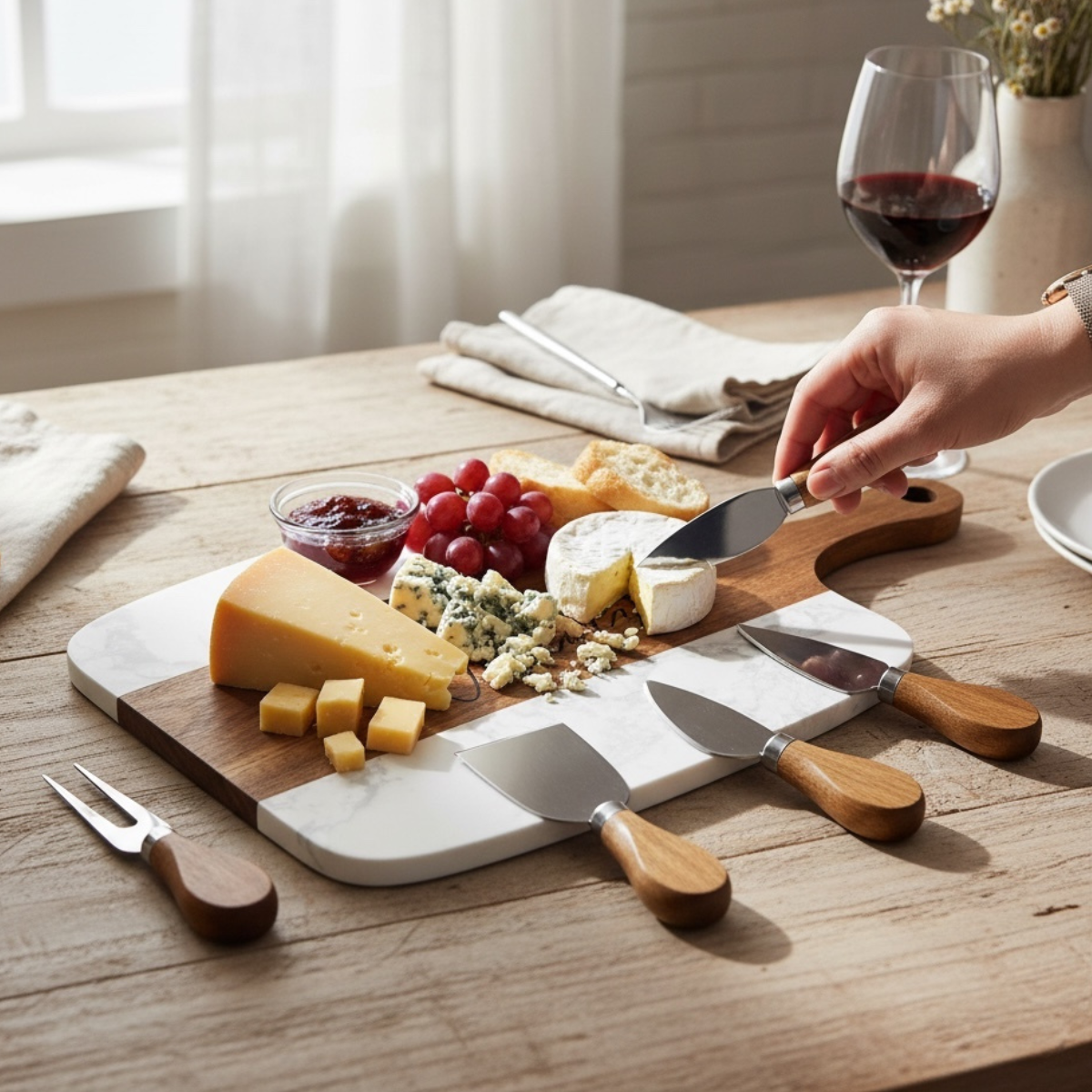 Cheeseboard with assorted cheeses, fruits, and a glass of red wine on a wooden table.