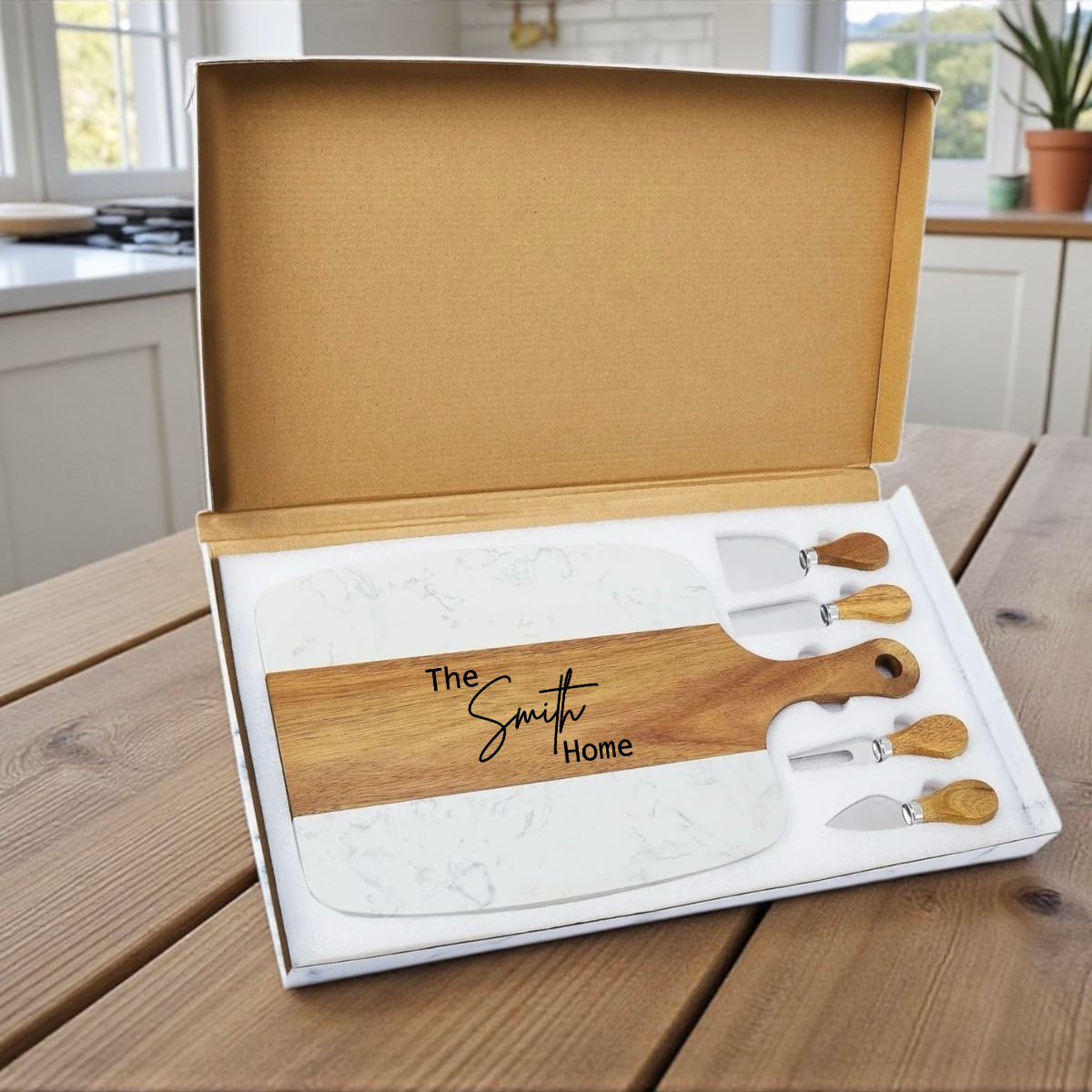 Personalized Acacia Wood & Marble Cheese Board Set - Realtor Closing Gift