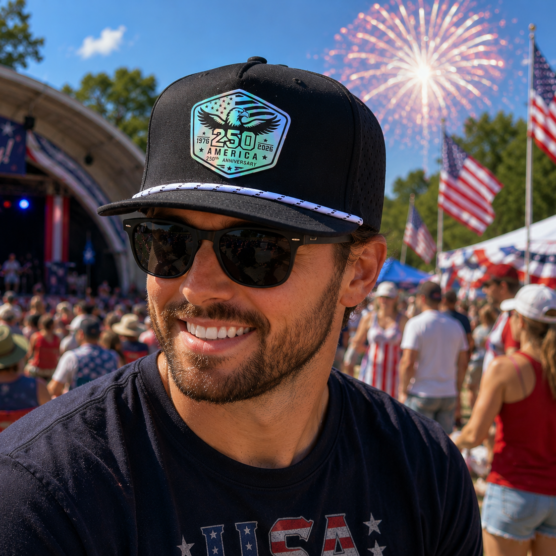Man wearing a cap and sunglasses with fireworks and people in the background, celebrating July 4th.