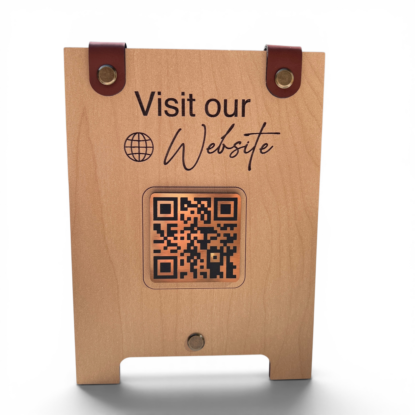 A light natural wood tent style sign with dark brown leather strap accents at the top and a printed QR code in the center, with the text 'Visit our Website' on a clean white background.