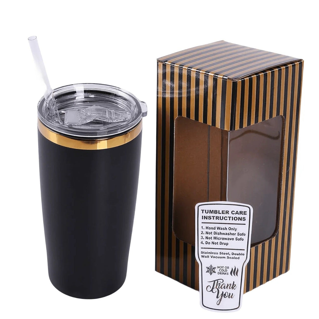 Black tumbler with gold rim and straw next to its packaging box on a white background