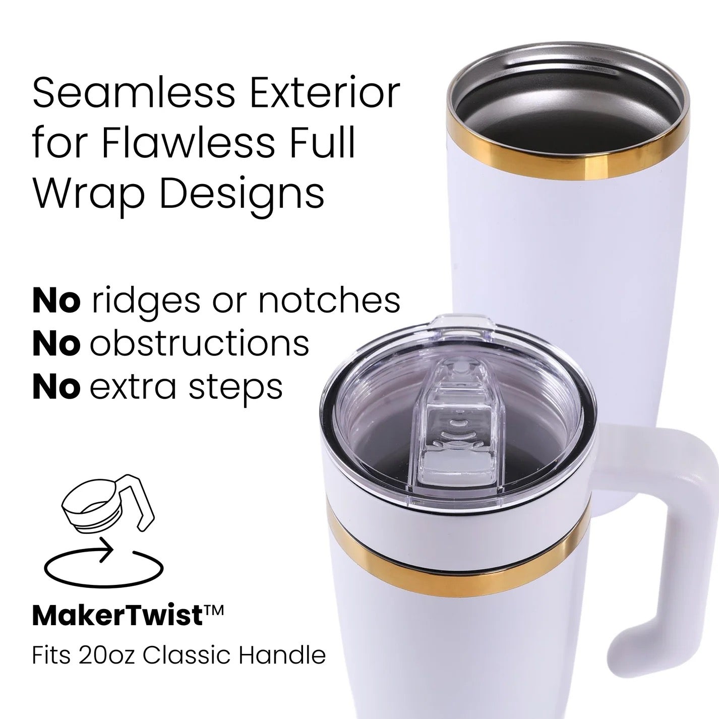 White tumbler with gold accents and text about MakerTwist technology