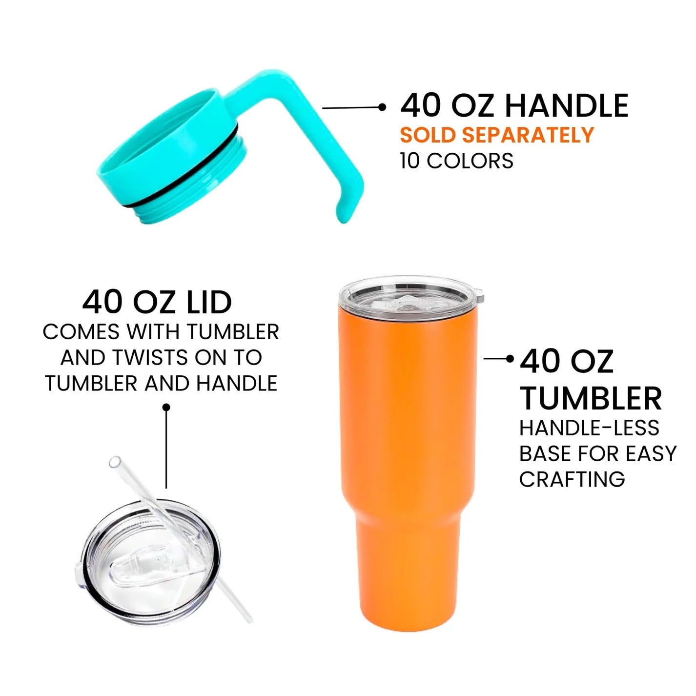 Orange tumbler with 40 oz lid and handle on a white background
