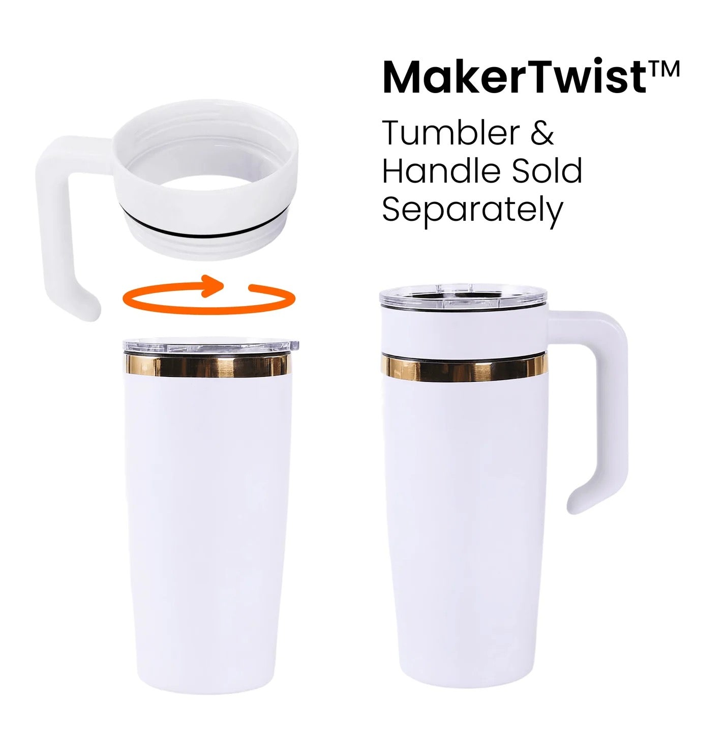 White tumbler with handle attachment and 'MakerTwist' branding on a white background.