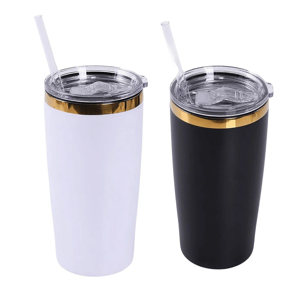 Two insulated tumblers, one white and one black, with gold rims on a white background.