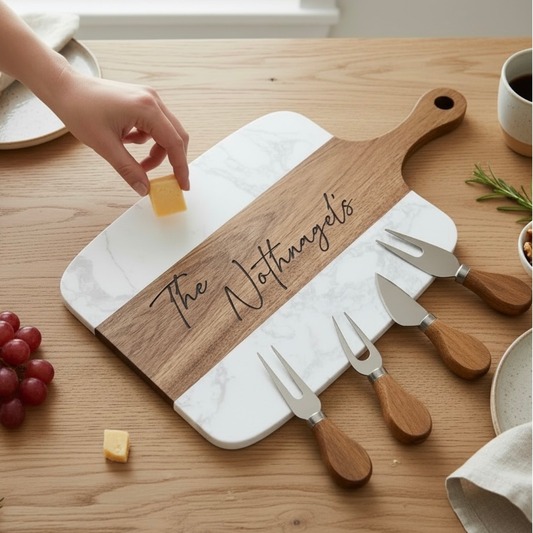 Wooden cutting board with marble edge and engraved text, accompanied by cheese and utensils on a wooden table.