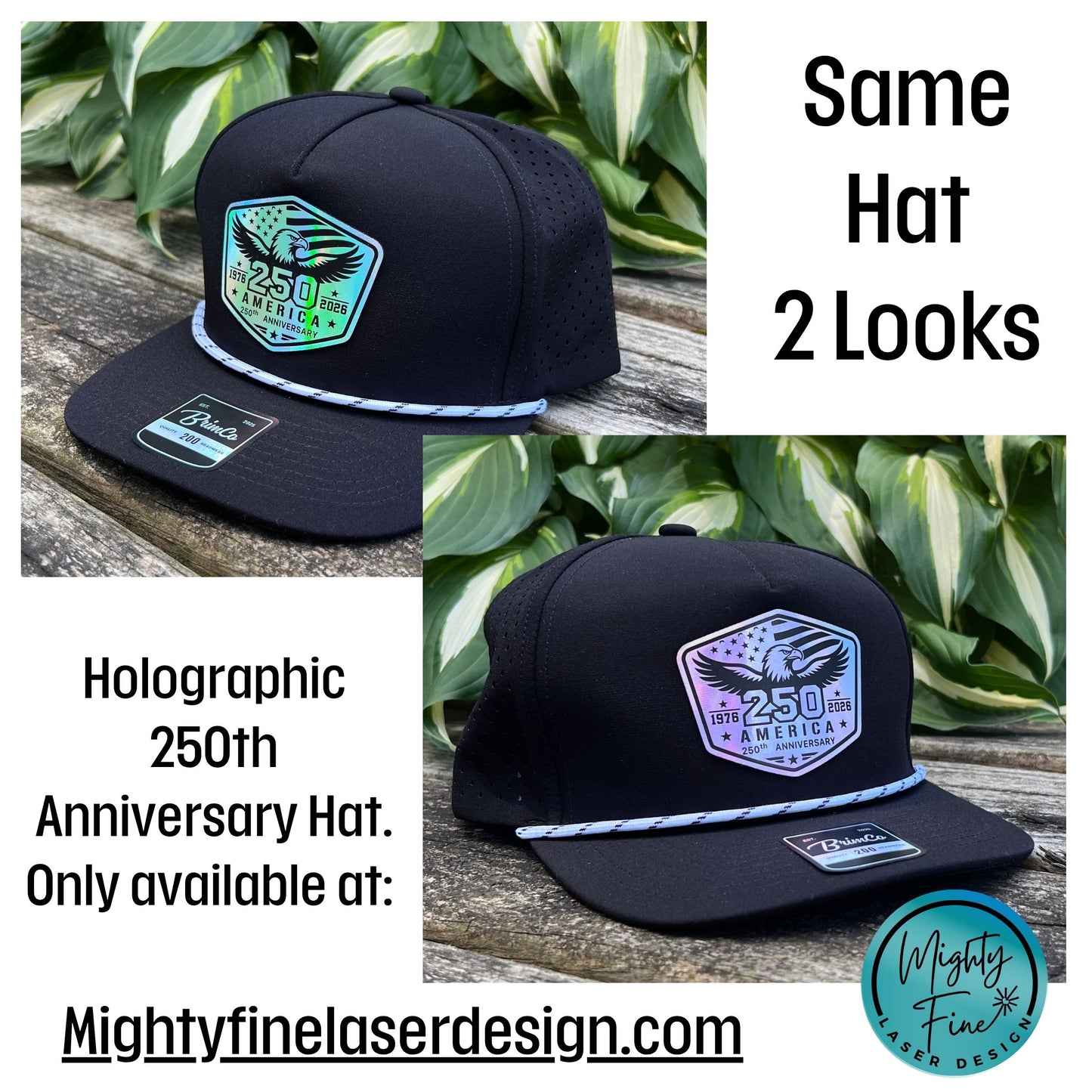 Two black hats with different designs on a wooden surface with green leaves in the background.