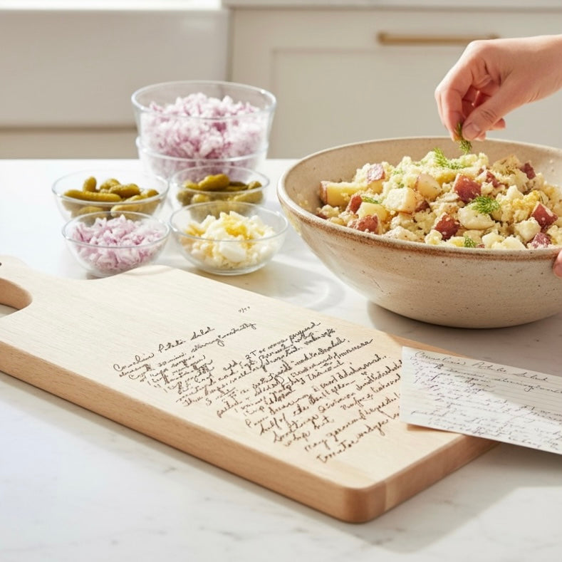 Person adding ingredients to a bowl of salad on a kitchen counter with recipe cards and small containers.