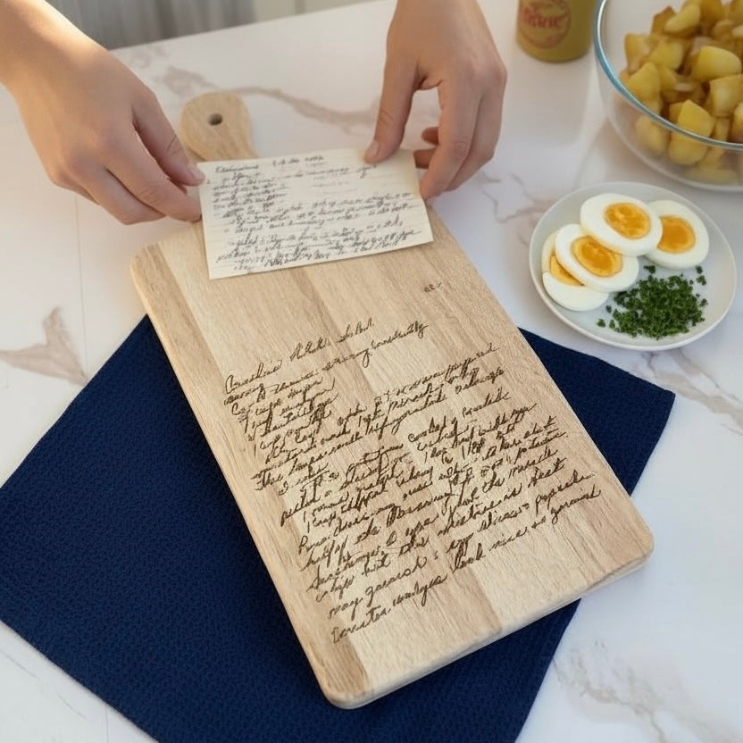 Wooden cutting board with handwritten recipe on a table with food items.