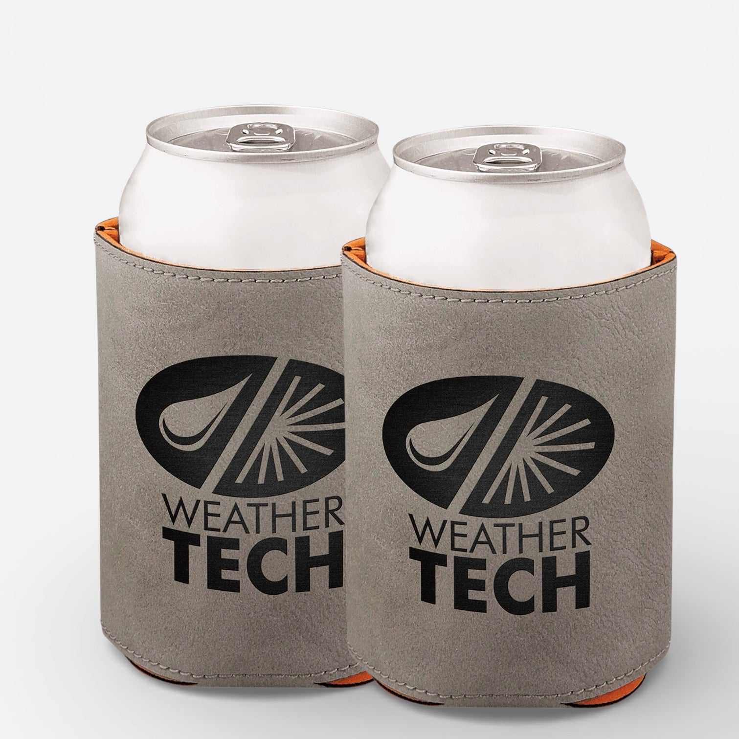 2 gray can coolers engraved with a black logo.