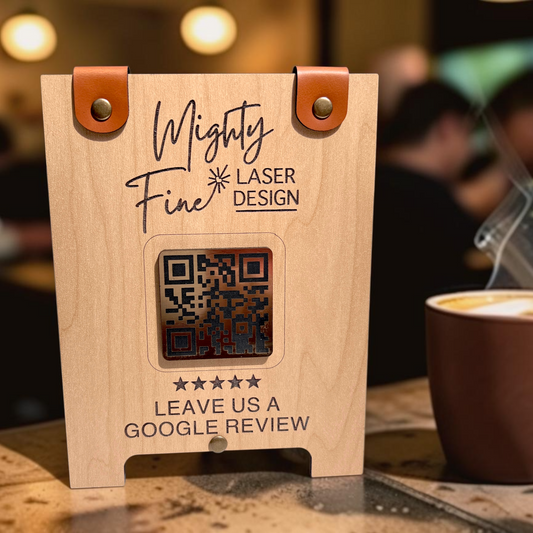 Wood QR Code Counter Sign with Leather Accents