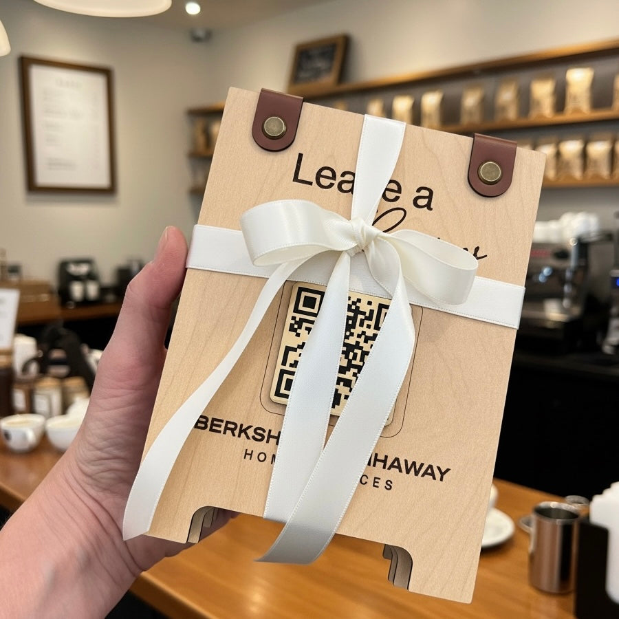 A hand holds a stack of wooden QR code signs tied with a white ribbon bow and printed text reading 'Leave a  Review with business logo and Gold QR code sign.